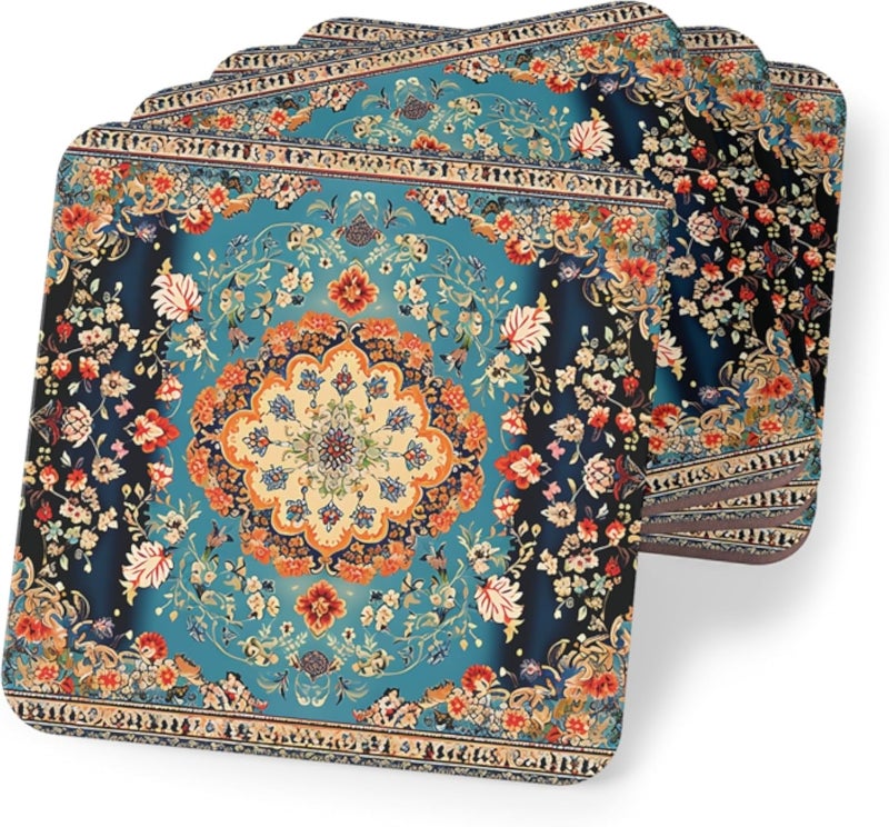 Four Pieces Ramadan Persian Pattern Wooden Coasters, Wooden Coaster Set â€“ Persian Rug Design, Elegant & Durable Drink Coasters for Home & Office - Set of 4 - Coaster-59